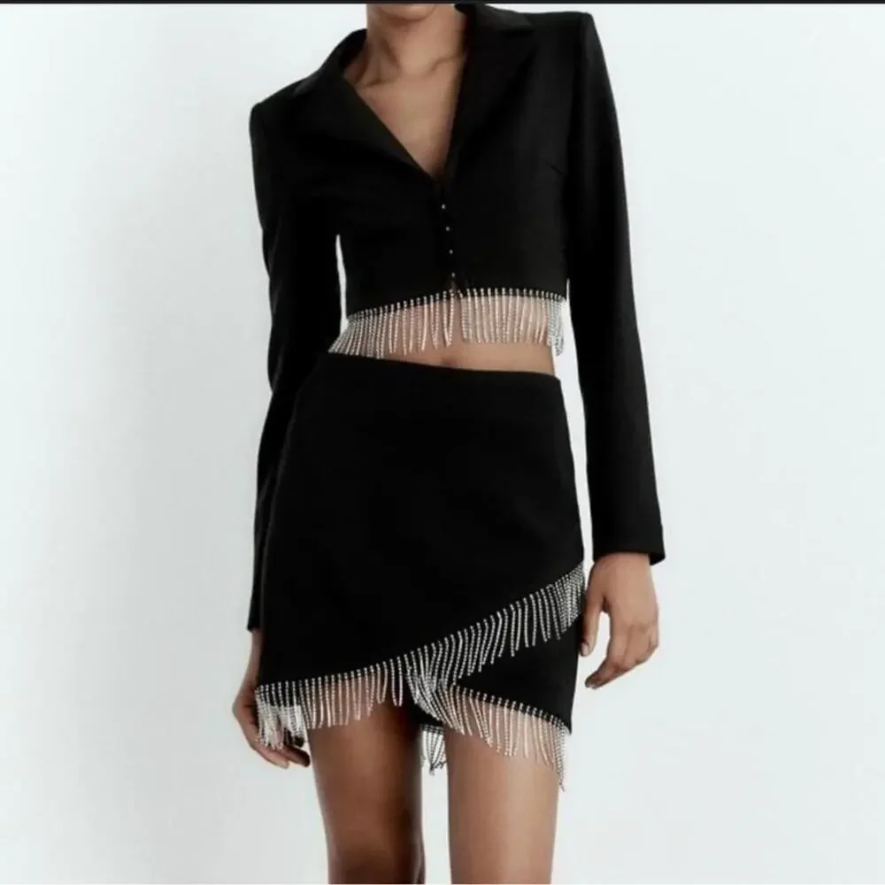 House of Harlow 1960 Black Rhinestone Fringe Blazer Mini Skirt Set Women’s Small - Picture 2 of 15